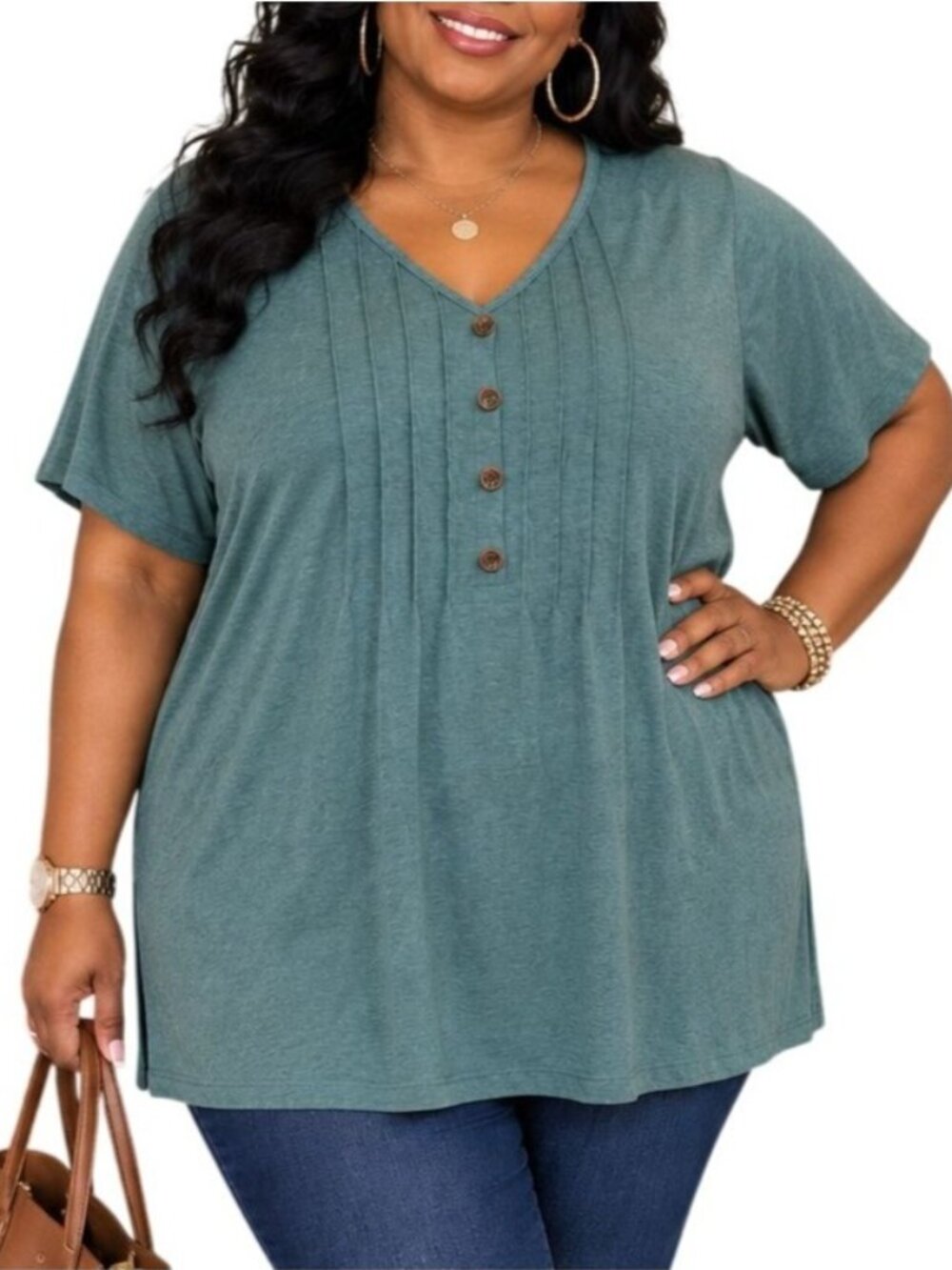 Bloomchic Size 12 Top Teal Short Sleeve V-Neck Pintuck Button Accents